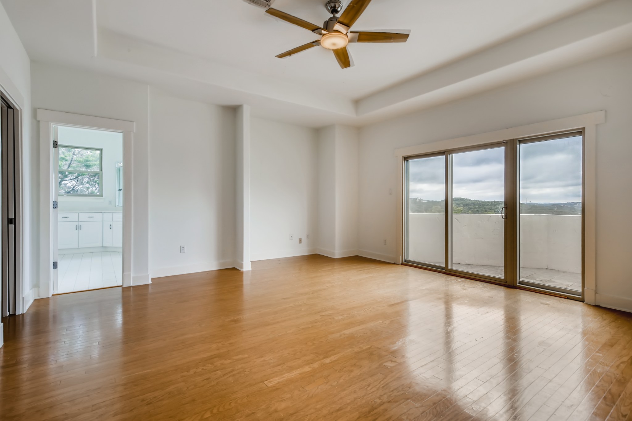 2800 Waymaker Way, Unit 27 Austin, TX 78746 - Photo 10 of 17 Unfurnished room featuring a raised ceiling, ceiling fan, healthy amount of natural light, and wood-type flooring