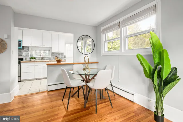 a dining room with furniture potted plants and wooden floor