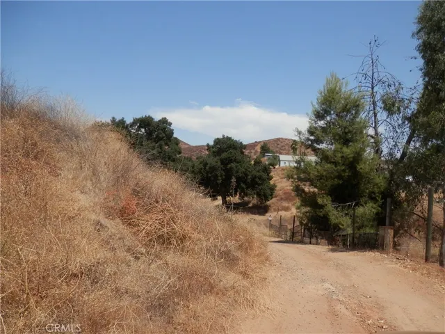 a view of a dry yard with trees in the background