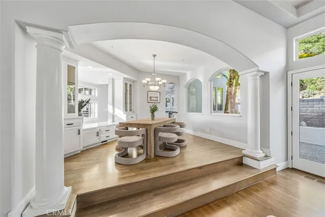 a view of a dining room with furniture