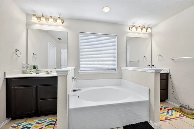 a bathroom with a bathtub a sink and a mirror