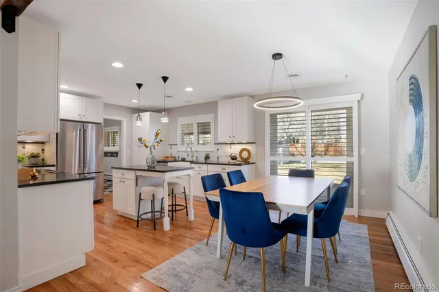 a view of a dining room with furniture window and wooden floor