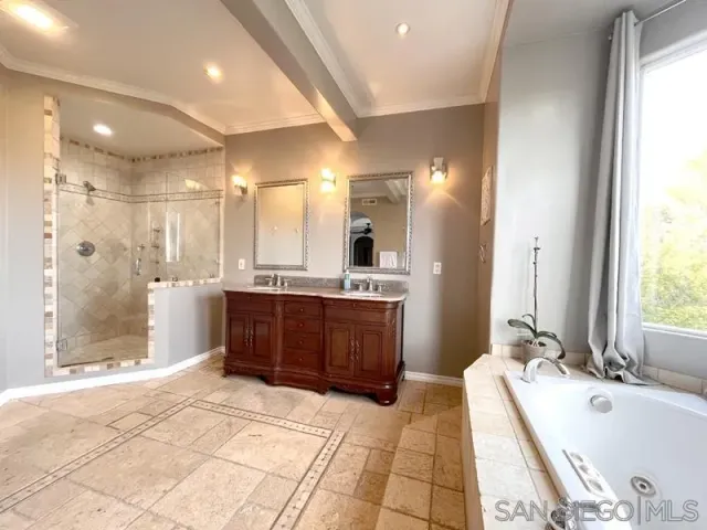 a bathroom with a tub a sink a mirror and a shower