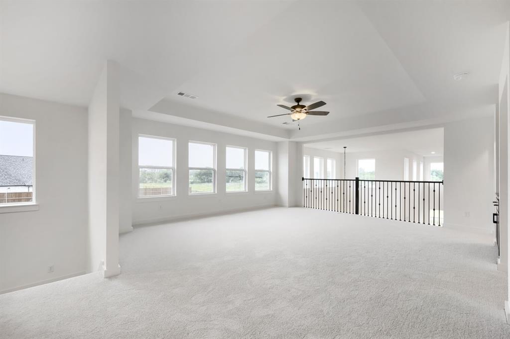 733 Red Cedar Road Haslet, TX 76052 - Photo 11 of 28 Spacious loft area featuring light carpet flooring, a multi-window wall, and a tray ceiling with a ceiling fan