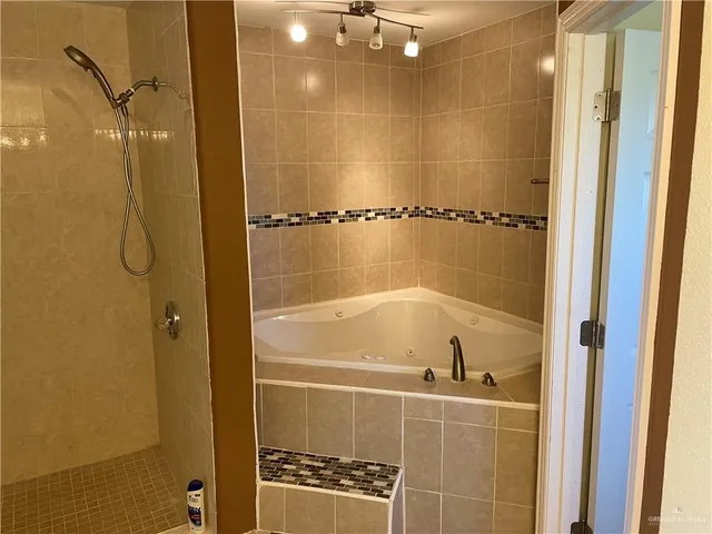 a bathroom with a bathtub and a shower