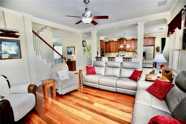 a view of a dining room with furniture