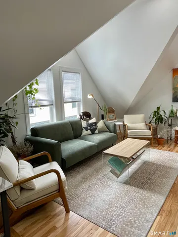 a living room with furniture and a potted plant