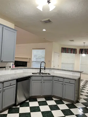 a kitchen with a sink a stove and cabinets