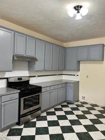 a kitchen with a stove a sink and cabinets