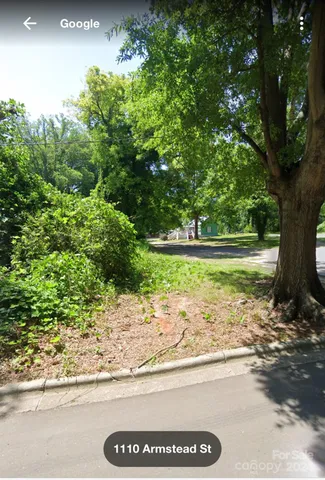 a view of a park with large trees