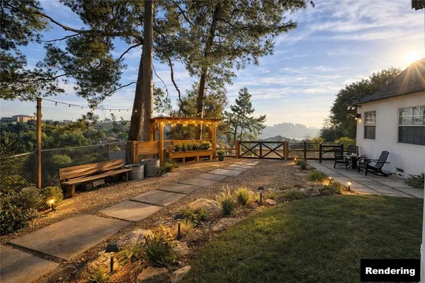 an outdoor space with furniture