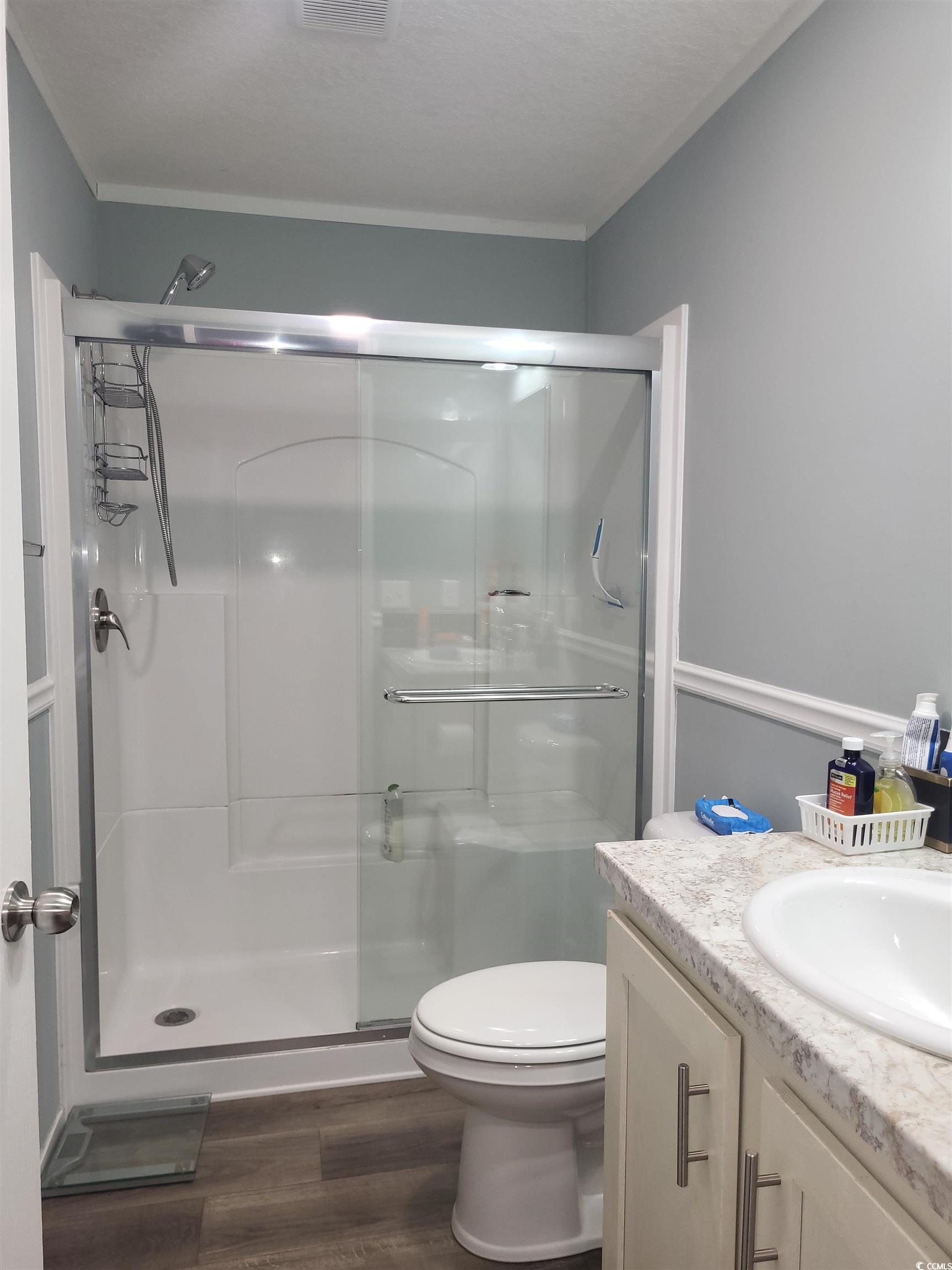 181 Offshore Drive Murrells Inlet, SC 29576 - Photo 17 of 28 Full bathroom with vanity, a shower stall, and dark wood finished floors