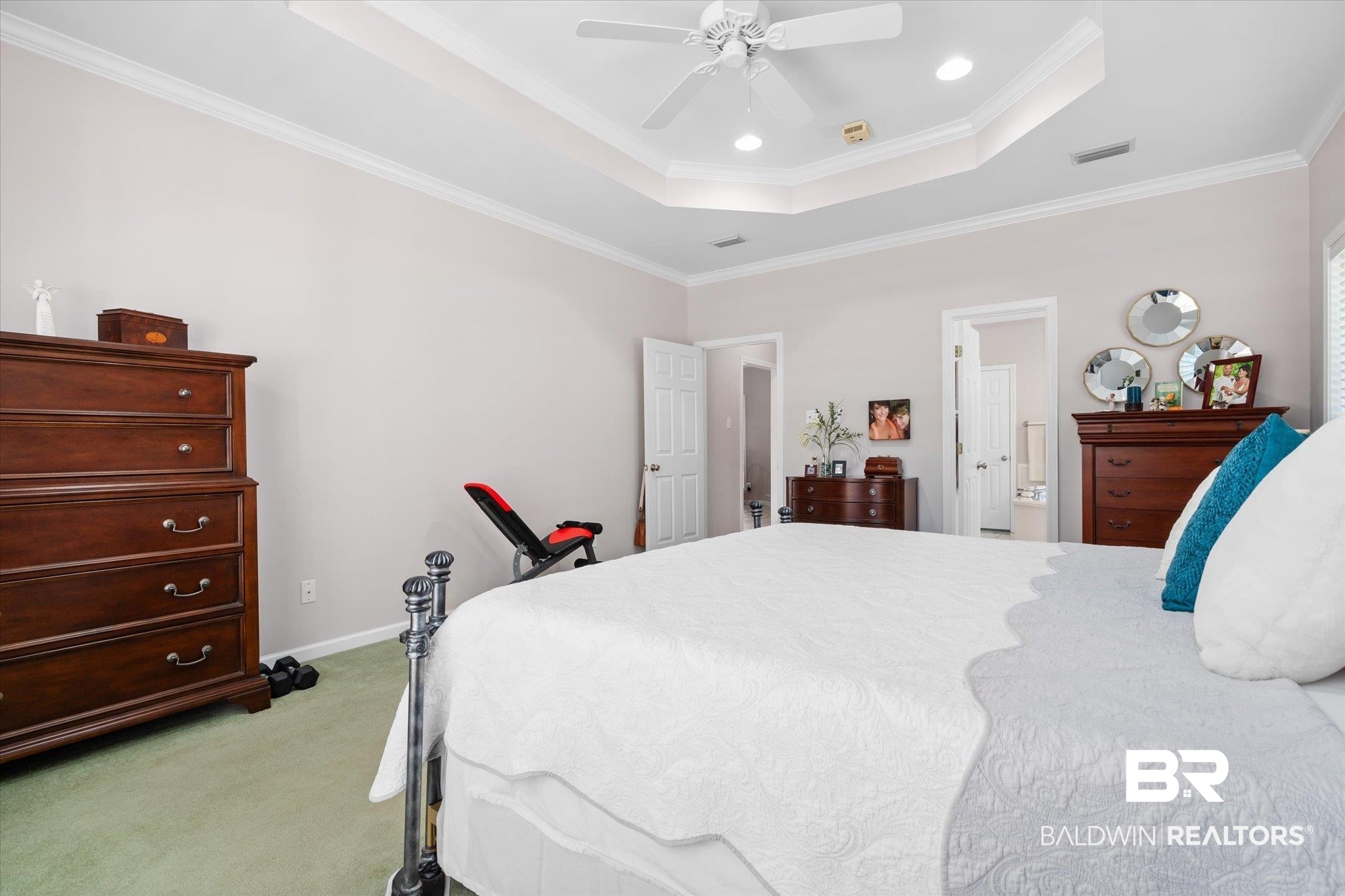 3651 Ching Dairy Loop Road South Mobile, AL 36618 - Photo 15 of 56 Carpeted bedroom with ornamental molding, connected bathroom, a raised ceiling, and ceiling fan