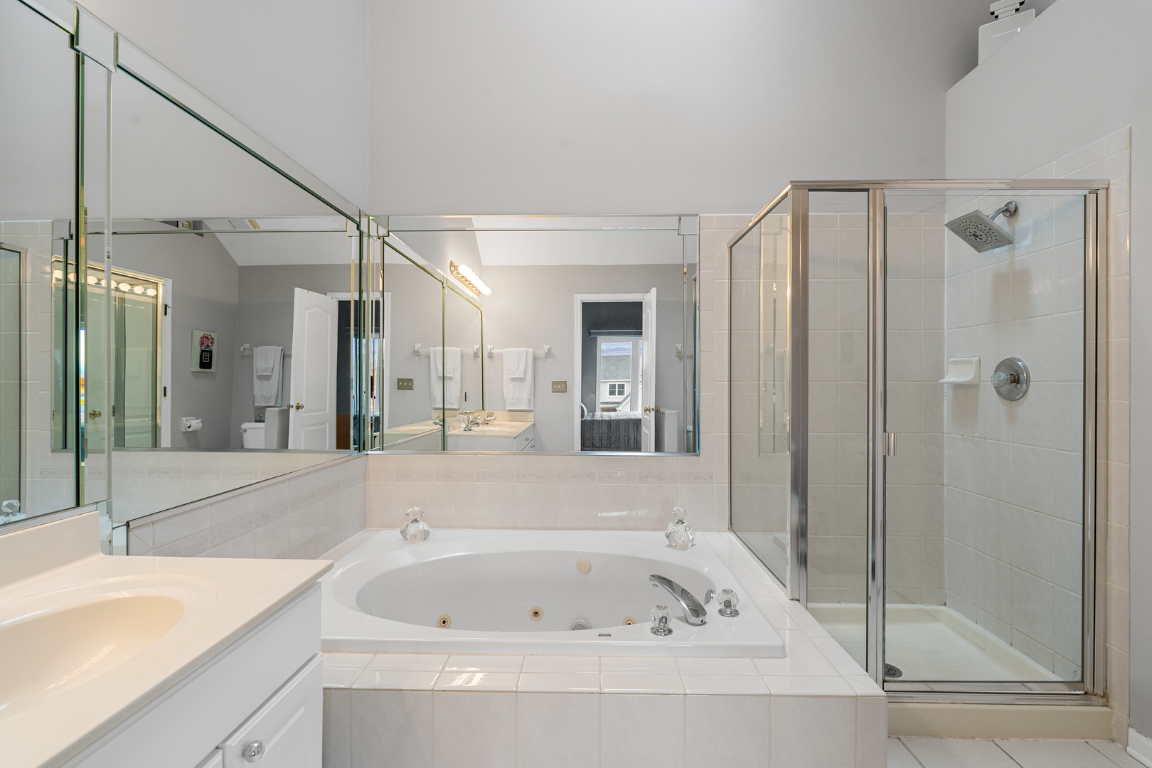 24962 Ambrose Road Plainfield, IL 60585 - Photo 23 of 28 a bathroom with a tub a sink and a large mirror
