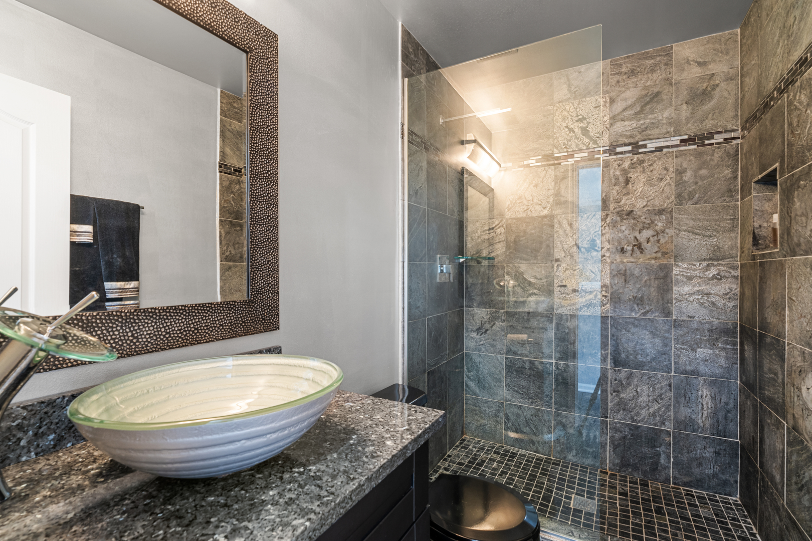 24962 Ambrose Road Plainfield, IL 60585 - Photo 26 of 28 a bathroom with a granite countertop sink toilet a mirror and shower