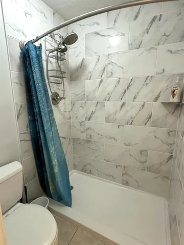 a bathroom with a toilet and a shower