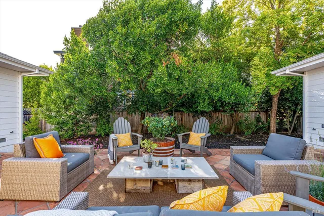 a view of a patio with couches chairs and a potted plant