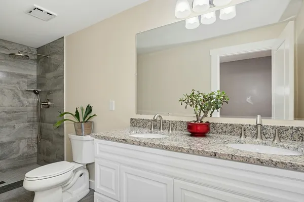 a bathroom with a bathtub and a shower