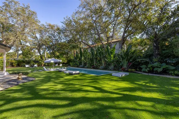 a view of a swimming pool with a yard