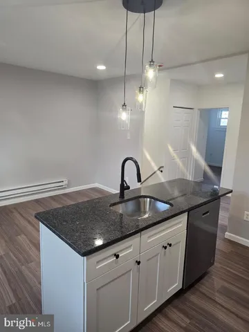 a view of a sink a counter space and wooden floor