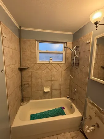 a bathroom with a bathtub and shower