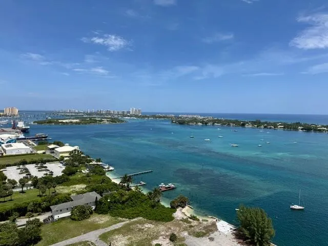 a view of a lake with a city