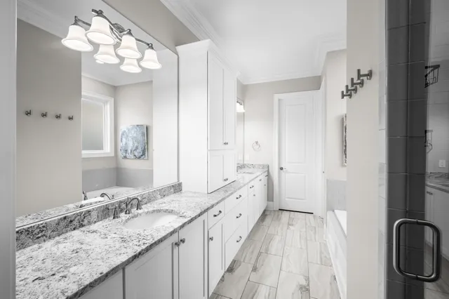 a bathroom with a white bath tub
