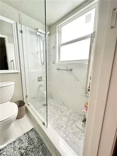 a bathroom with a shower and a toilet