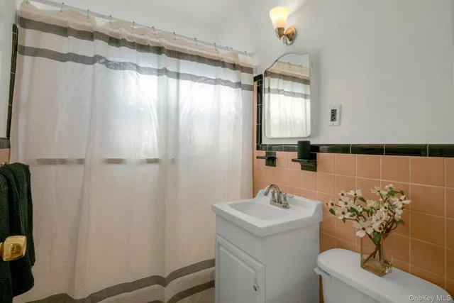 a bathroom with a sink a mirror and a shower curtain