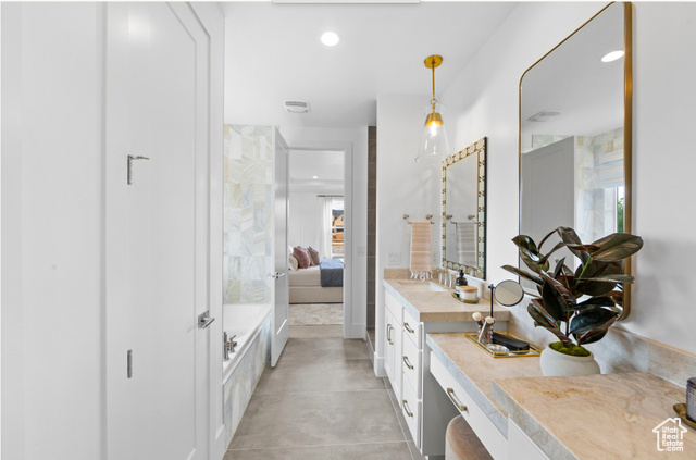 1447 North 1350 E Street, Unit 5 Mapleton, UT 84664 - Photo 5 of 10 Ensuite bathroom featuring double vanity, recessed lighting, healthy amount of natural light, and a bath