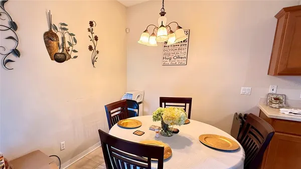a view of a dining room with furniture