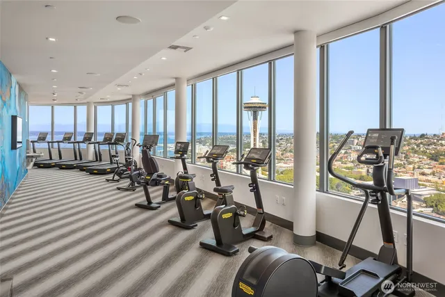 a living room with lots of furniture and a gym equipment