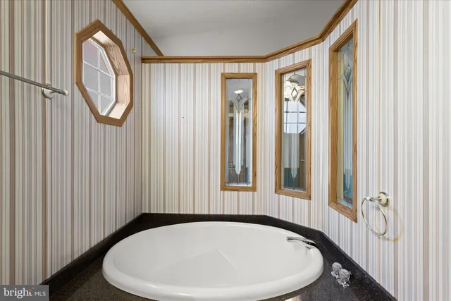 a bathroom with a bathtub and a window
