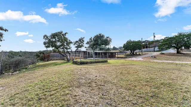 a view of a road with large trees