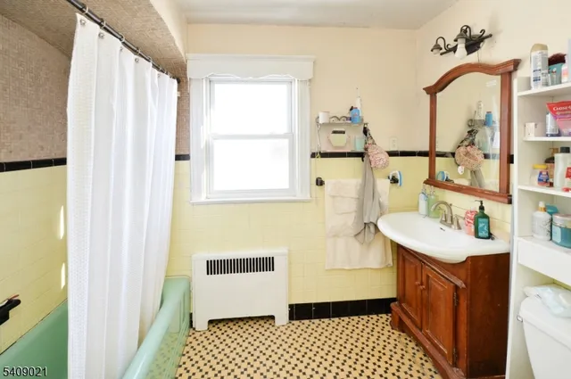 a bathroom with a sink a mirror and a shower