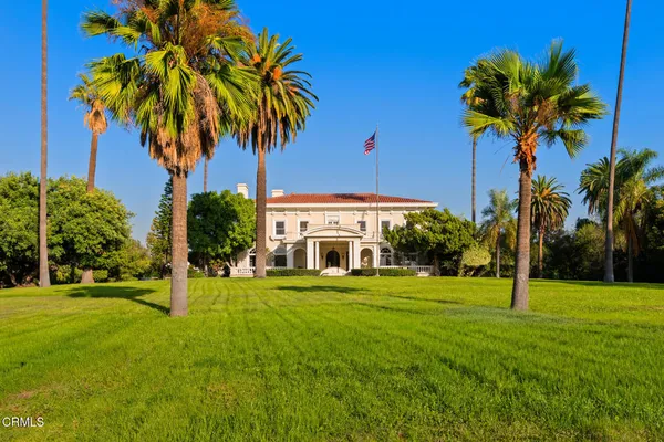 a view of a park with palm trees