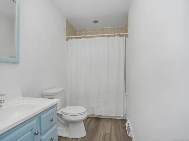 a bathroom with a toilet a sink and wooden floor