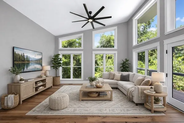 a view of workspace with wooden floor and window