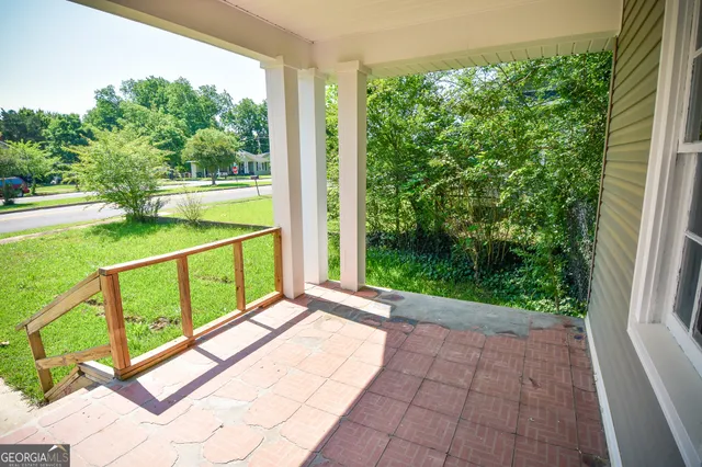 a view of a garden with large trees