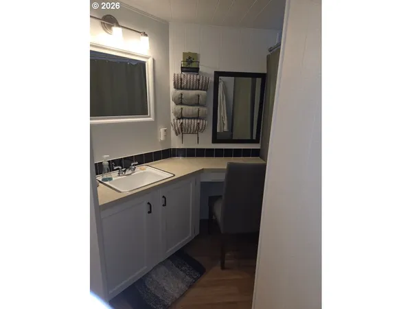 a bathroom with a sink and a mirror