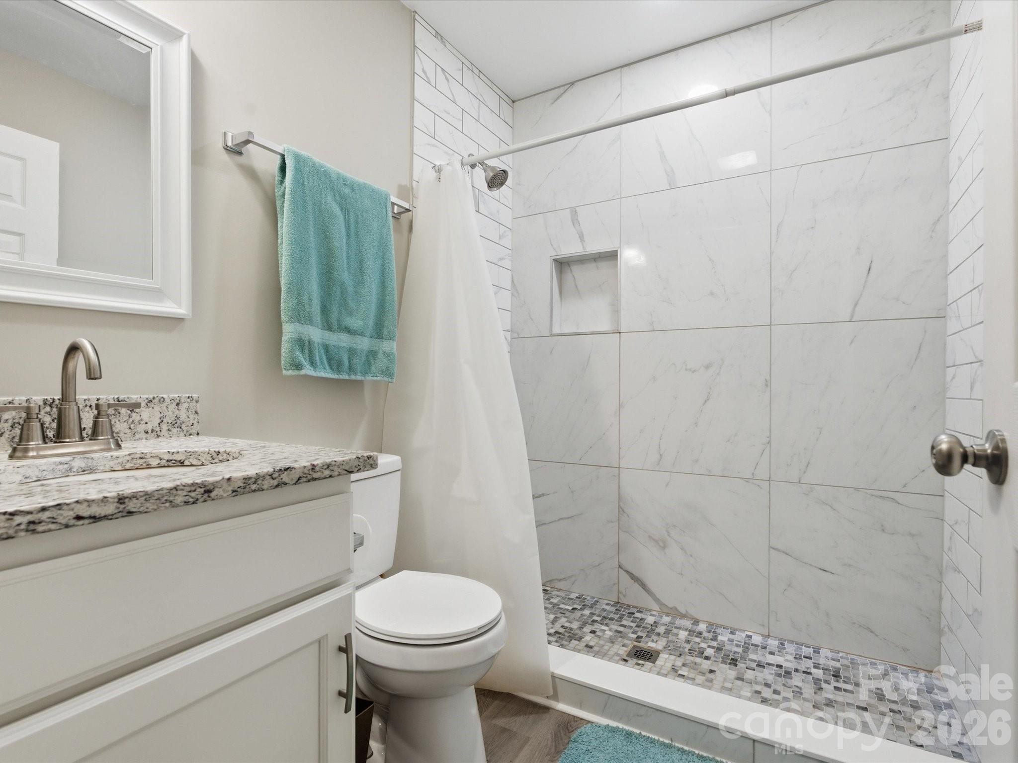 1804 Highway 161, Unit 1 Clover, SC 29710 - Photo 30 of 46 a bathroom with a granite countertop sink a toilet and shower