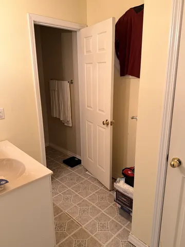 a bathroom with a shower and a sink