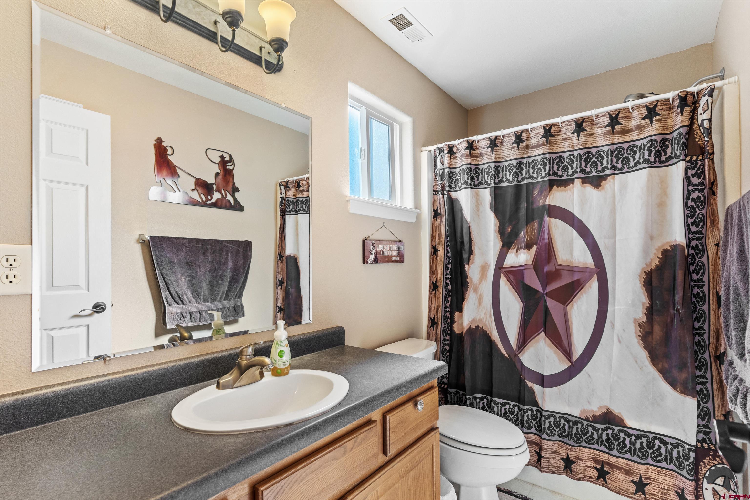 505 20th Street Delta, CO 81416 - Photo 13 of 22 a bathroom with a sink a mirror a toilet and a shower curtain
