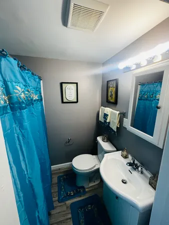 a bathroom with a sink a toilet and a mirror