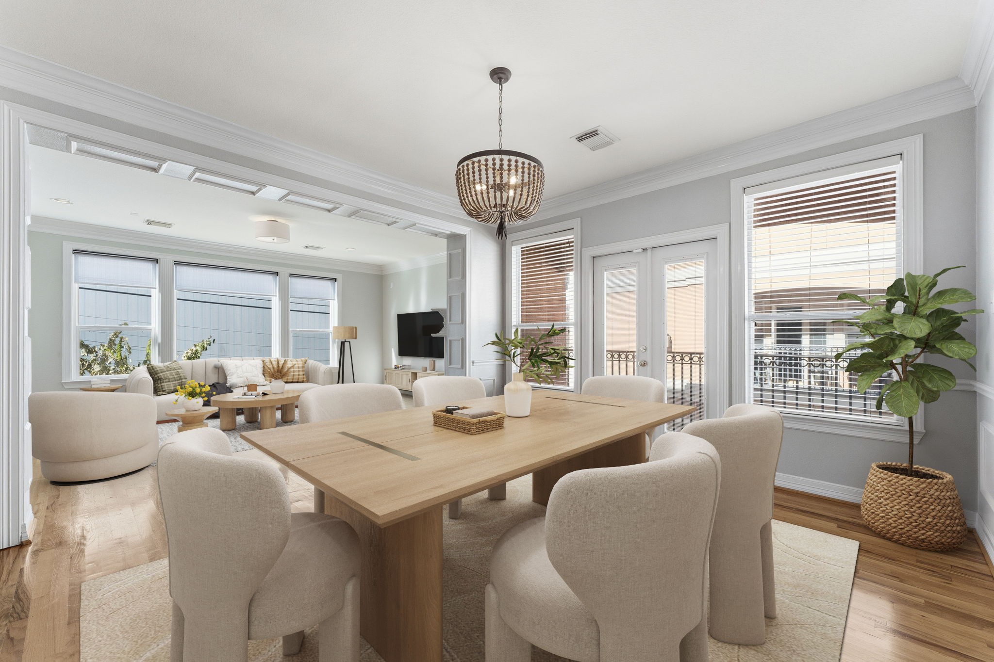 Discover the allure of this virtually staged, open-concept living and dining area, boasting natural light, elegant furnishings, and a seamless flow perfect for modern living.