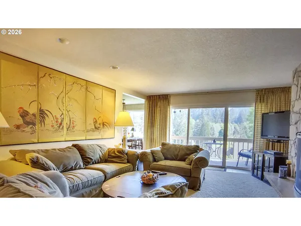 a living room with furniture and large windows