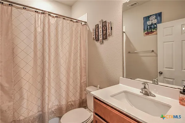 a bathroom with a sink a toilet and shower curtain