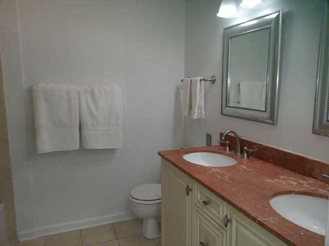 1765 West Altgeld Street, Unit M Chicago, IL 60614 - Photo 17 of 21 a bathroom with a granite countertop sink toilet and mirror