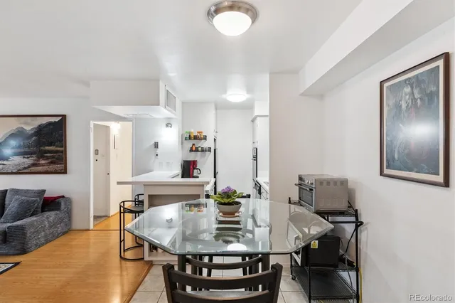 a view of a dining room with furniture