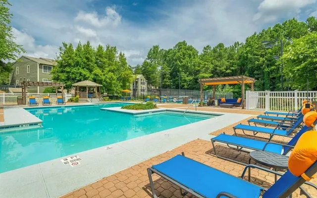 a view of an outdoor space with a swimming pool